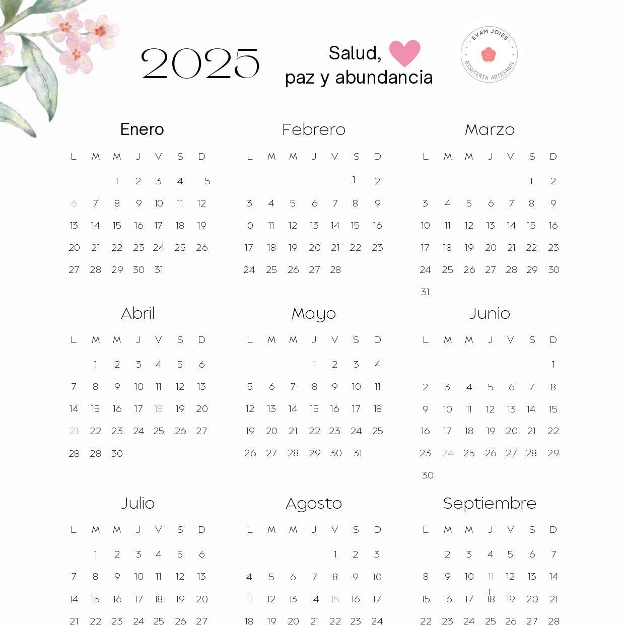 Calendario anual 2025 para descargar - Evam Joies