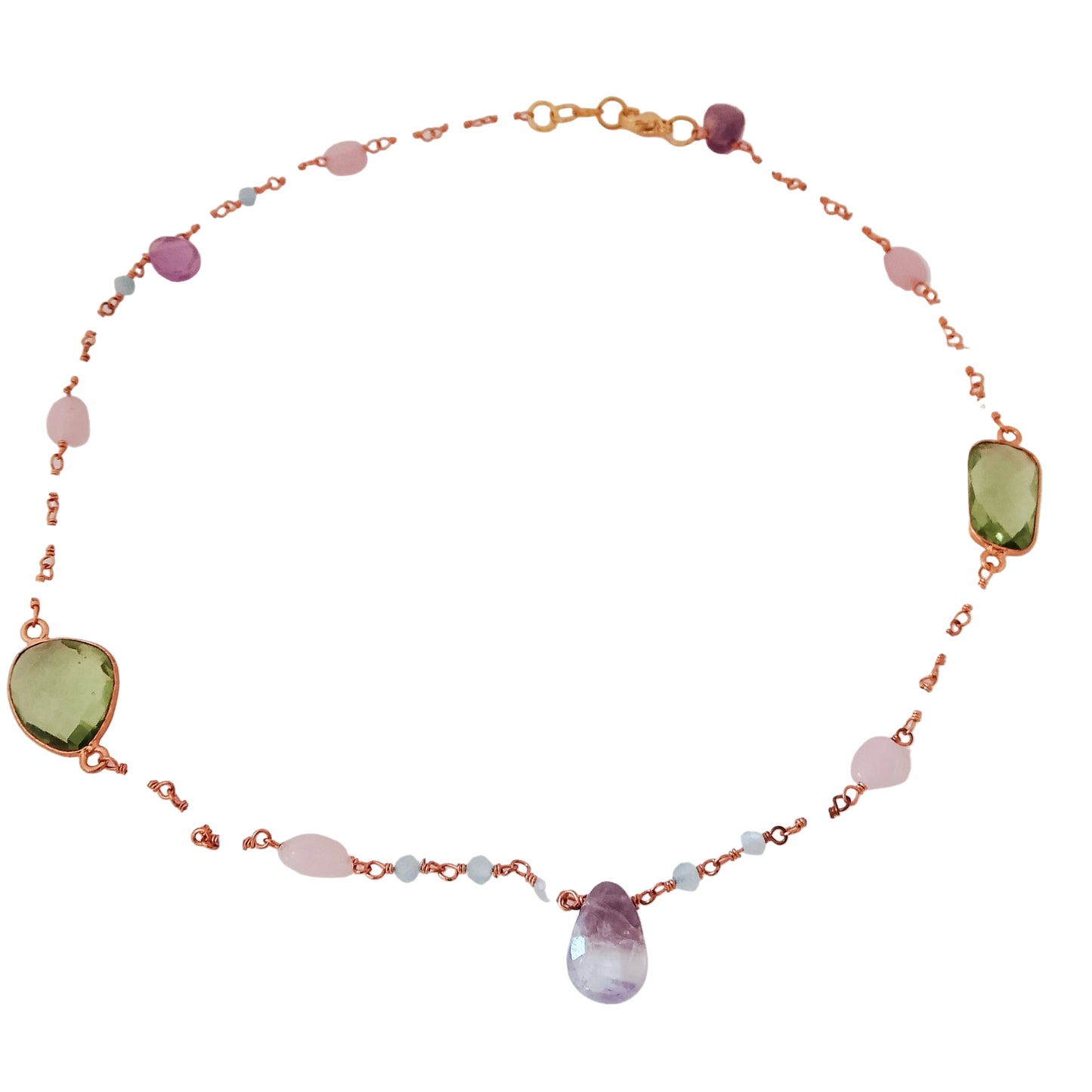 Gargantilla artesanal con piedras de colores naturales en colores verde, rosa, celeste y violeta