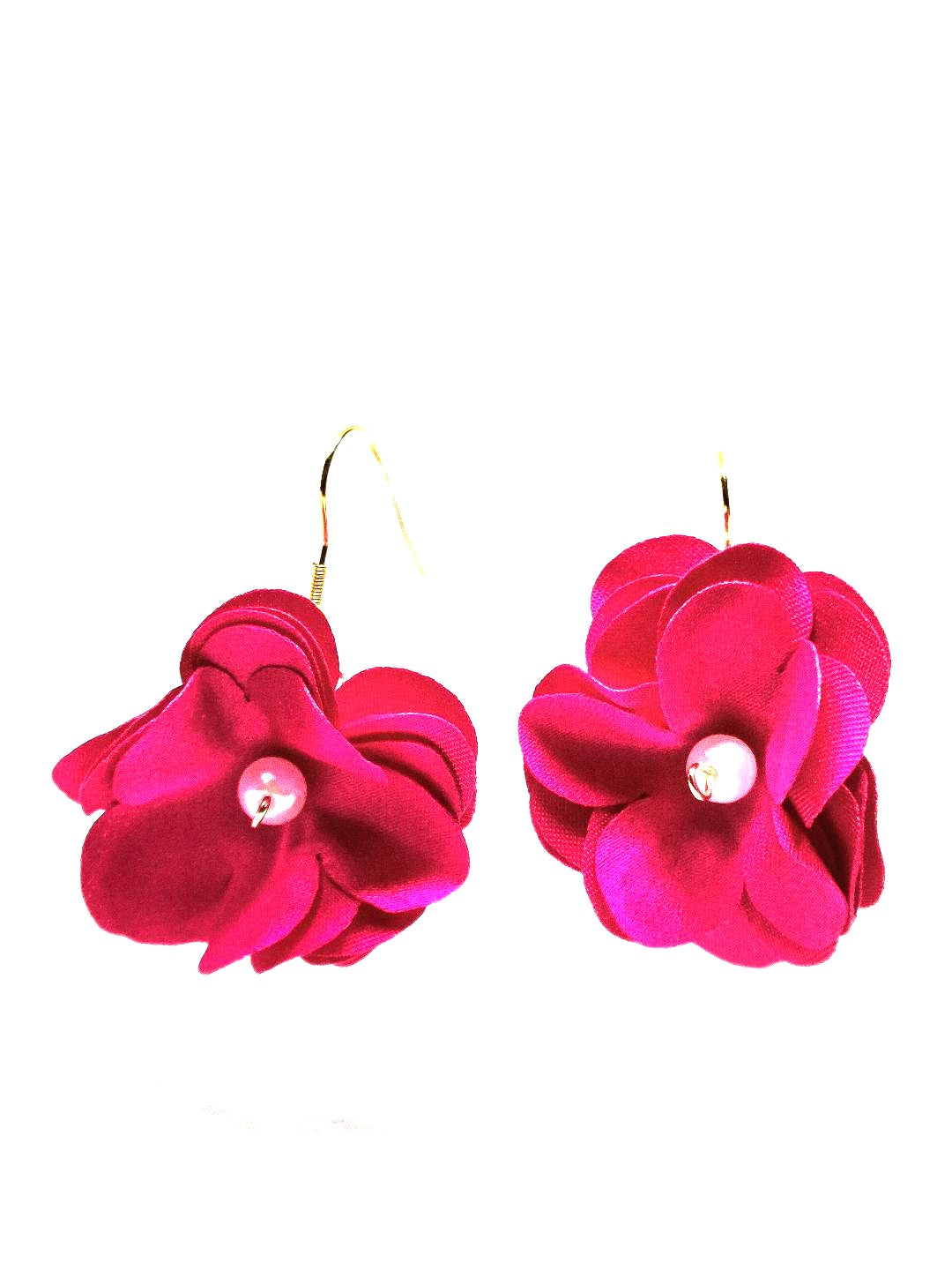 Pendientes flor de tela de color fucsia en vertical