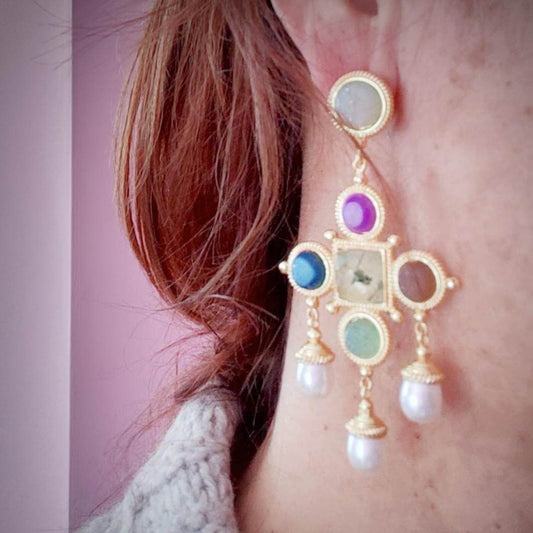Pendientes largos con piedras de colores - Evam Joies