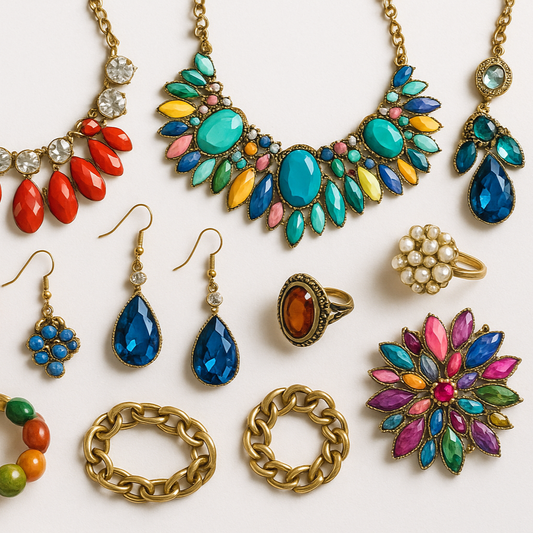 collares, pendientes, anillos y broches de bisutería de colores