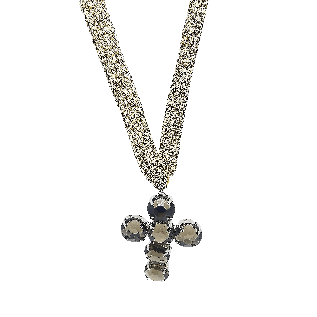 Collar cruz pedrería y malla dorado - Evam Joies