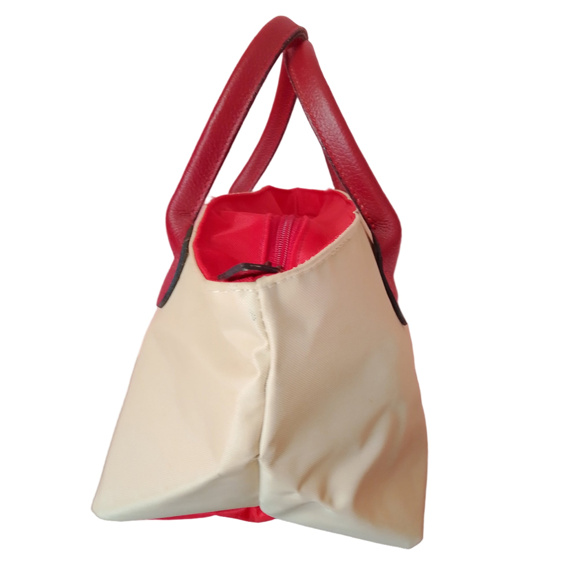 bolso crudo y rojo de lado