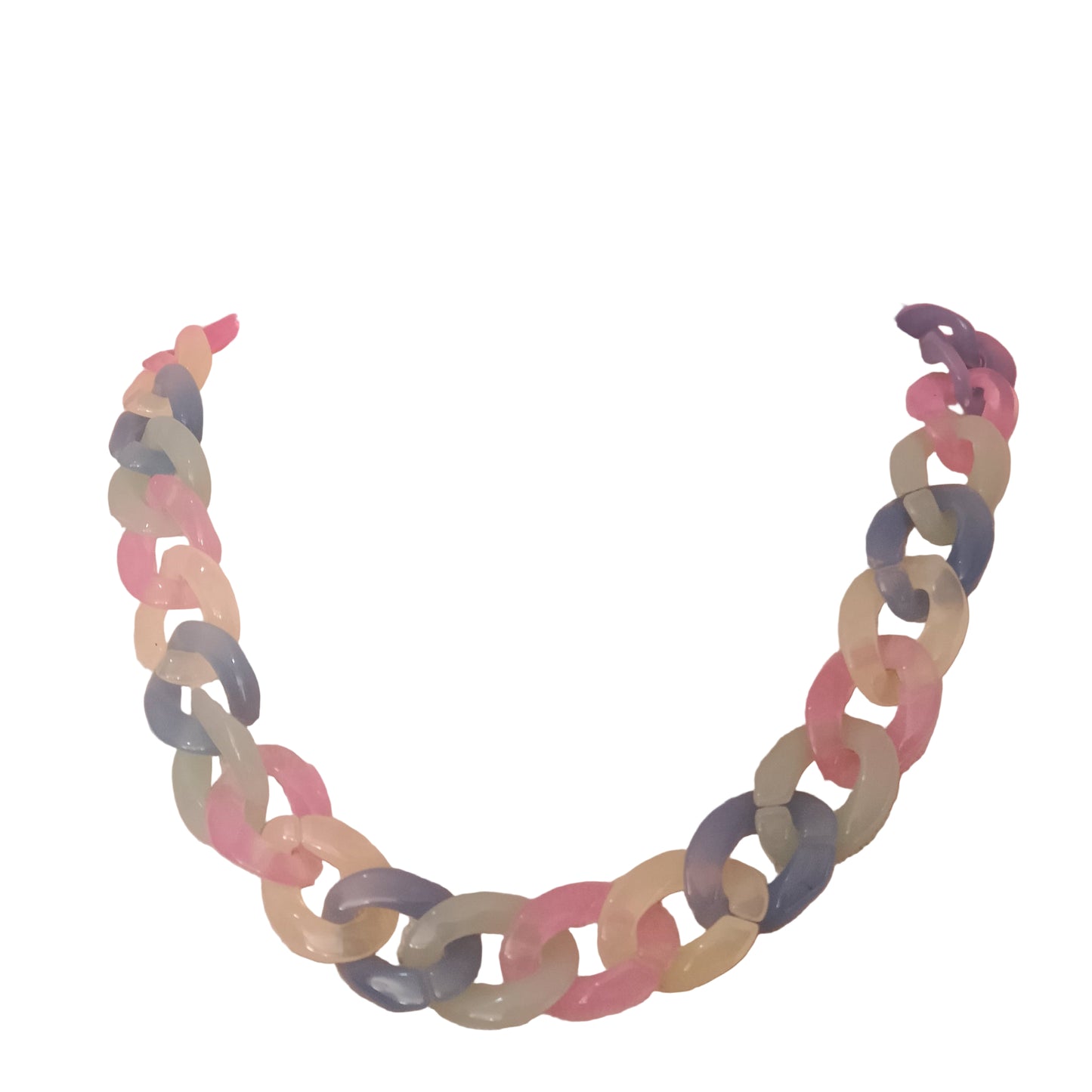 Collar de cadena acrílica gruesa en tonos rosa, verde, celeste y amarillo combinados en maniquí