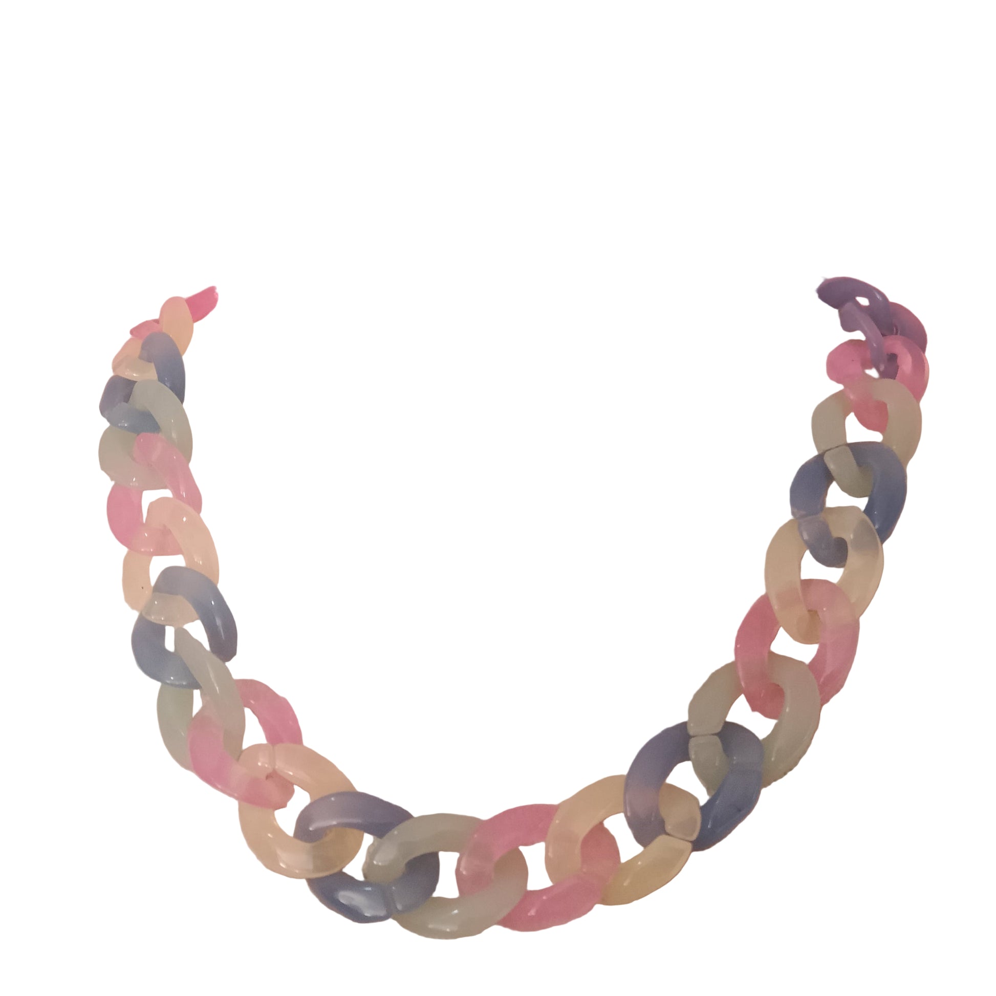 Collar de cadena acrílica gruesa en tonos rosa, verde, celeste y amarillo combinados en maniquí