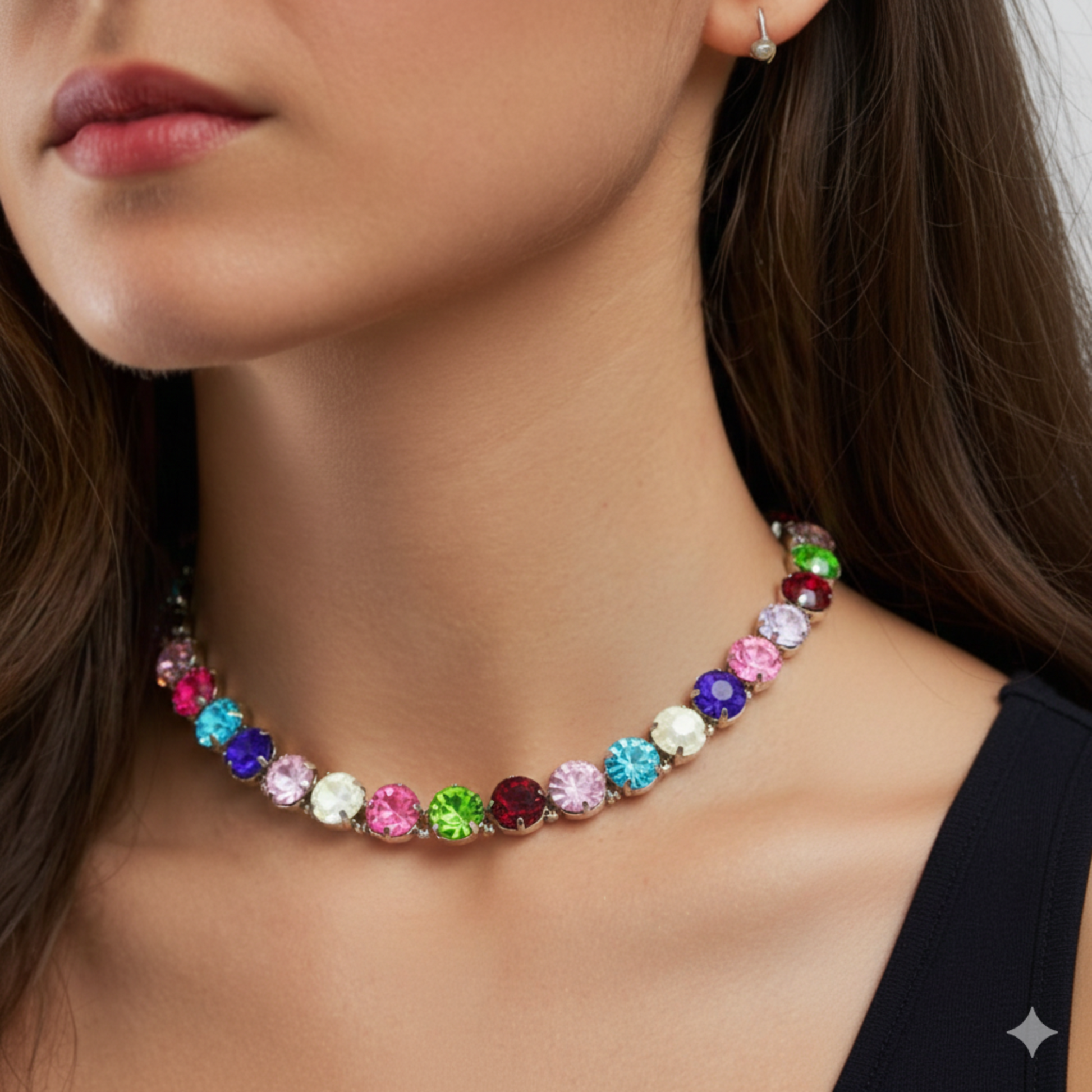 Collar de cuentas brillantes de colores en modelo