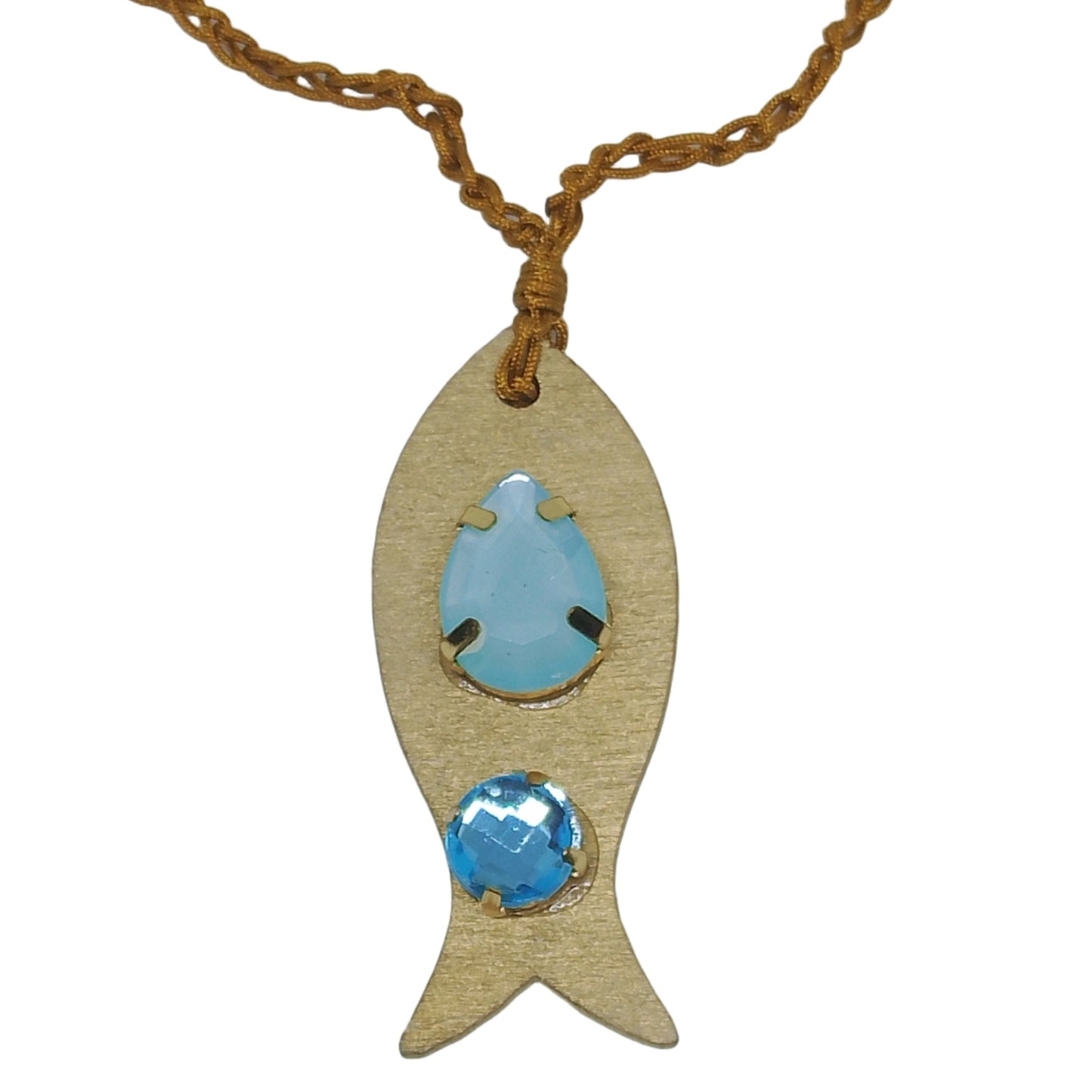 Pieza de collar en forma de pez de color dorado con piedras de bisutería  de color azul