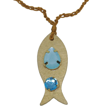 Pieza de collar en forma de pez de color dorado con piedras de bisutería  de color azul