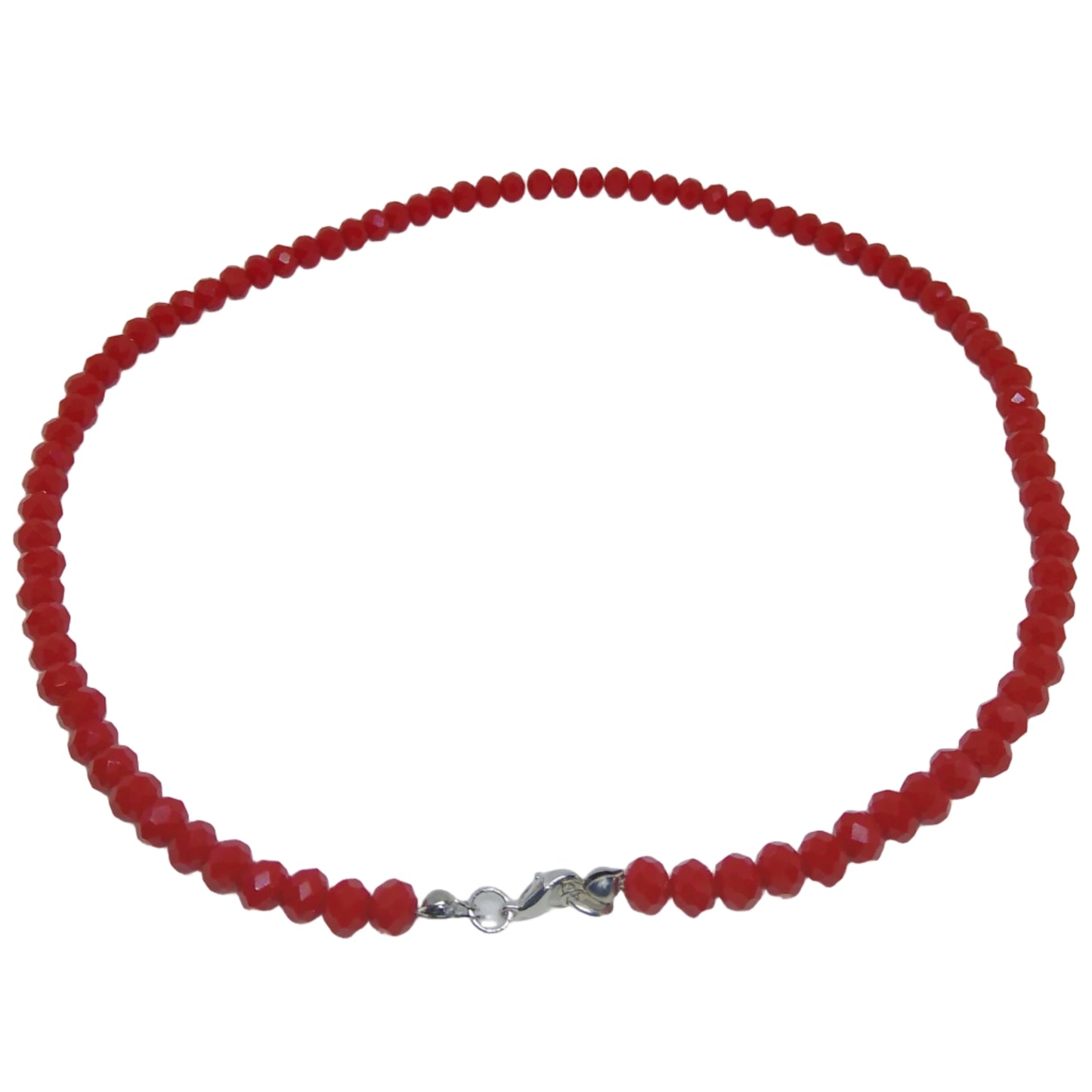 Collar de bolas facetadas en rojo visto desde atrás