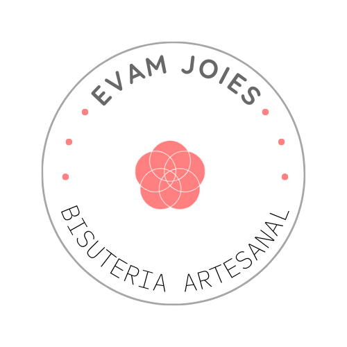 Logo círculo negro con  Evam Joies arriba bisutería artesanal abajo separado por puntos rojos y en el centro mandala flor rojo coral . Fondo lanco